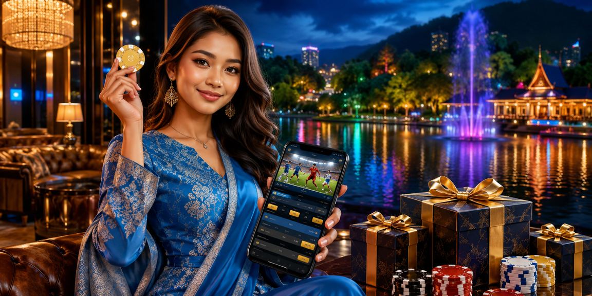 Malaysian woman in baju kurung placing sports bets on a mobile phone